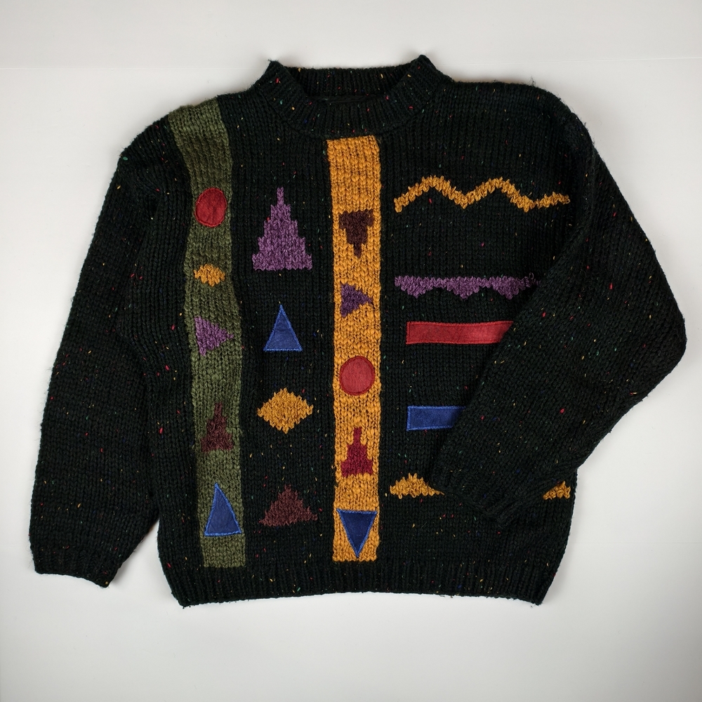 Street Scenes 80s Men L Abstract Knit Sweater Geometric Pattern Color Block Chic